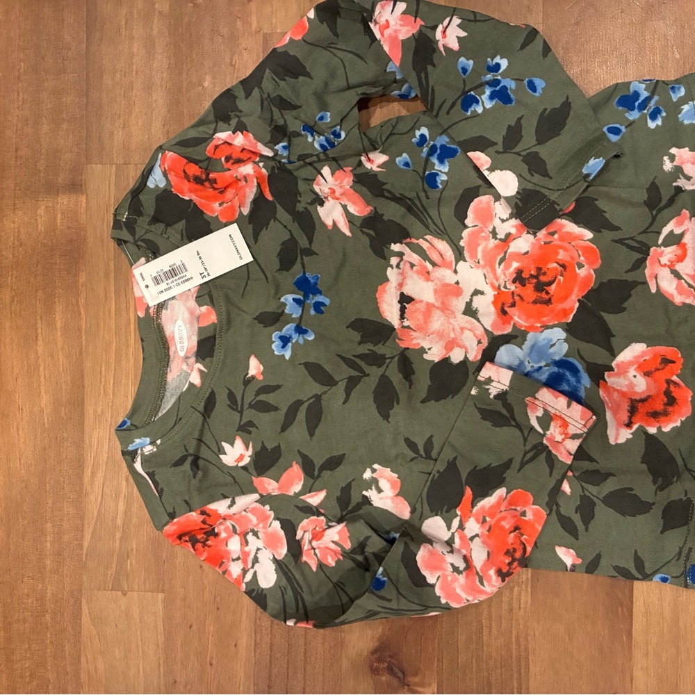 Old Navy Kids Long Sleeve Floral Tee - Olive and Coral